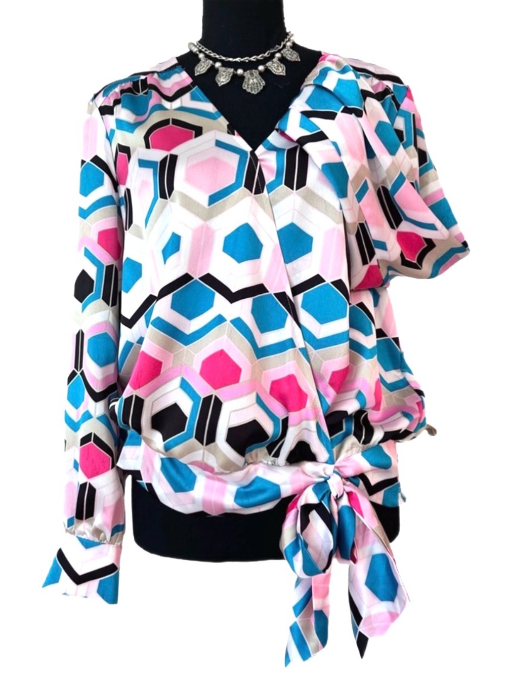 INC ~ International Concepts Blue/Black/White/Pink Geometric Drop Waist Blouse